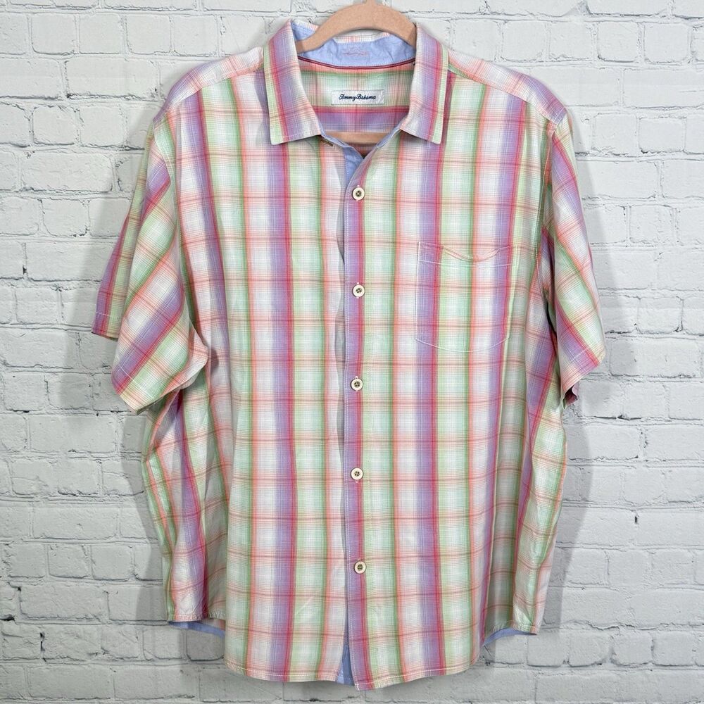 Tommy Bahama Shirt Women XL Plaid Pastel Colors Crop Button Down Summer Top